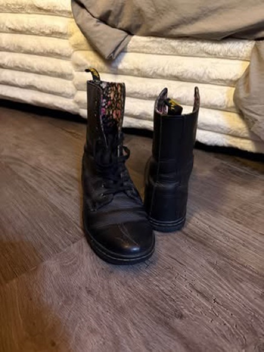 Black Women's Lace-Up Mid-Calf Boots with Floral Lining
